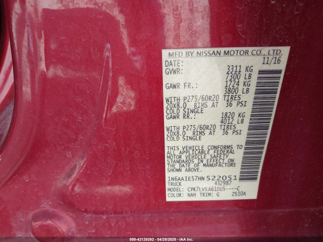 1N6AA1E57HN522051 Nissan Titan Sl