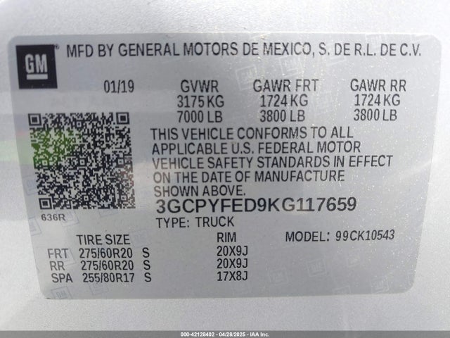 3GCPYFED9KG117659 Chevrolet Silverado 1500 Lt Trail Boss