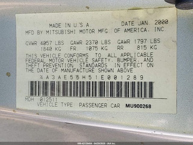 2001 MITSUBISHI ECLIPSE SPYDER 4A3AE55H51E001289 Photo 8