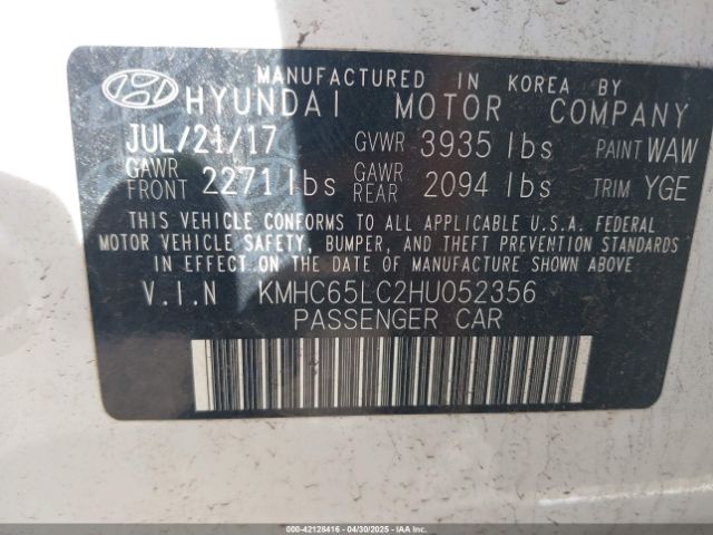 KMHC65LC2HU052356 Hyundai Ioniq Hybrid Blue