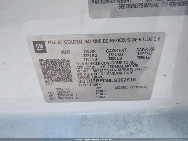 3GTU9BED8LG362818 GMC Sierra 1500 4wd  Short Box Sle