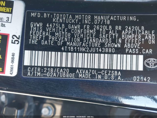 2018 TOYOTA CAMRY 4T1B11HK2JU143880 Photo 8