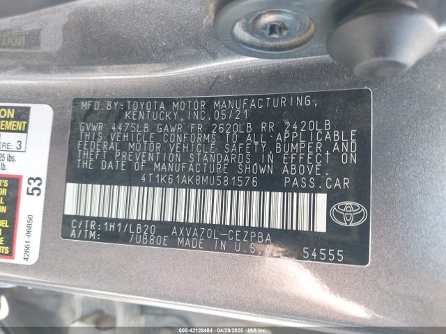4T1K61AK8MU581576 Toyota CAMRY XSE