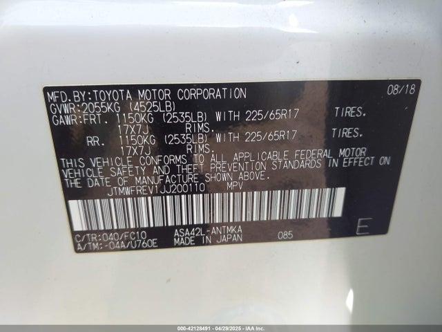 JTMWFREV1JJ200110 Toyota Rav4 Xle