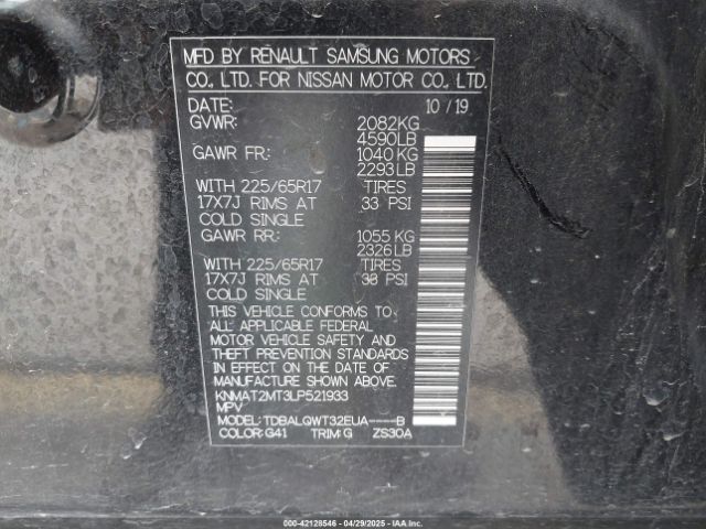 KNMAT2MT3LP521933 Nissan Rogue Sv Fwd