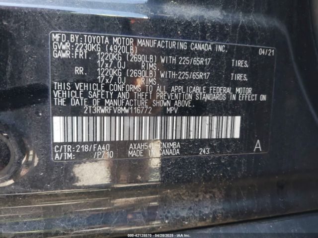 2T3RWRFV8MW116772 Toyota Rav4 Hybrid Xle