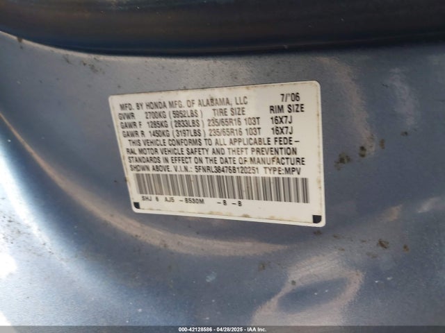 42128586 :رقم المزاد ، 5FNRL38476B120251 vin ، 2006 Honda Odyssey Ex مزاد بيع