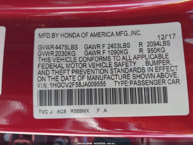 1HGCV2F58JA009555 Honda Accord Ex-l 2.0t