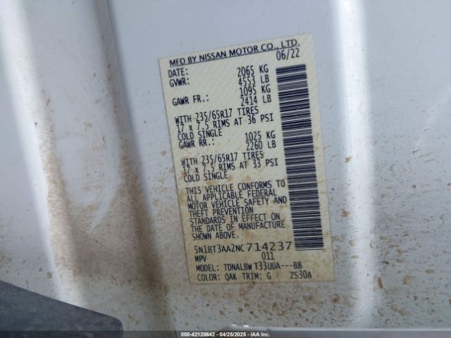5N1BT3AA2NC714237 Nissan Rogue S Fwd