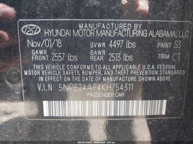 5NPE24AF4KH754311 Hyundai SONATA SE