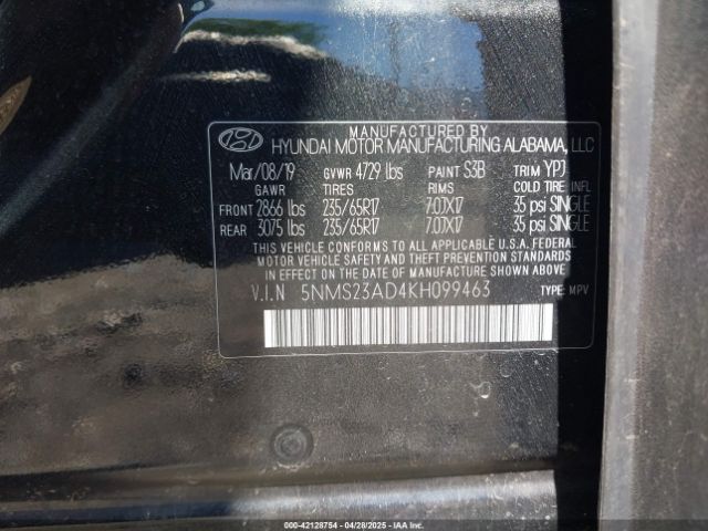 5NMS23AD4KH099463 Hyundai Santa Fe Se