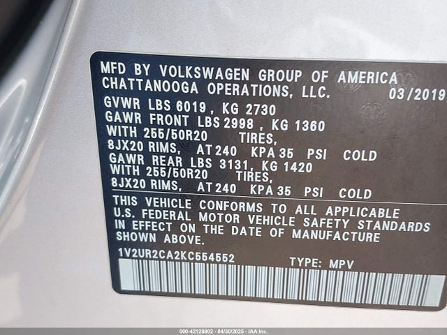 Volkswagen Atlas 2019 1V2UR2CA2KC554552 Image 9