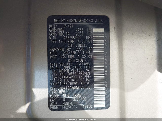 JN8AT3CA6MW020858 Nissan Rogue Sl Fwd