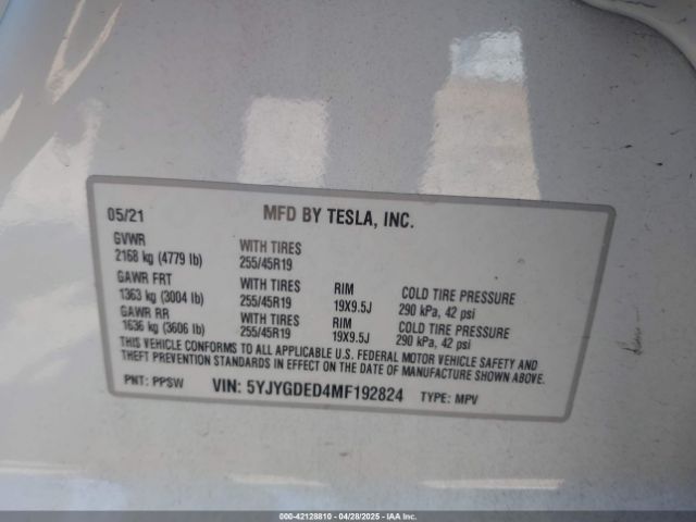 2021 TESLA MODEL Y 5YJYGDED4MF192824 Photo 8