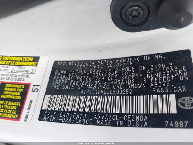 4T1B11HK9JU593252 Toyota CAMRY LE
