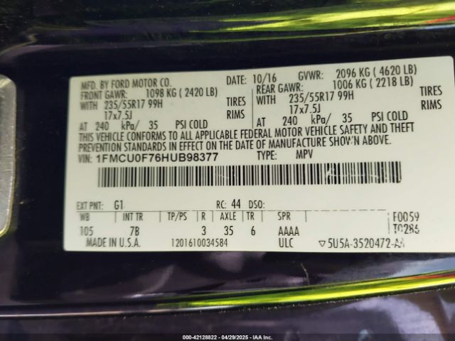 1FMCU0F76HUB98377 Ford ESCAPE S