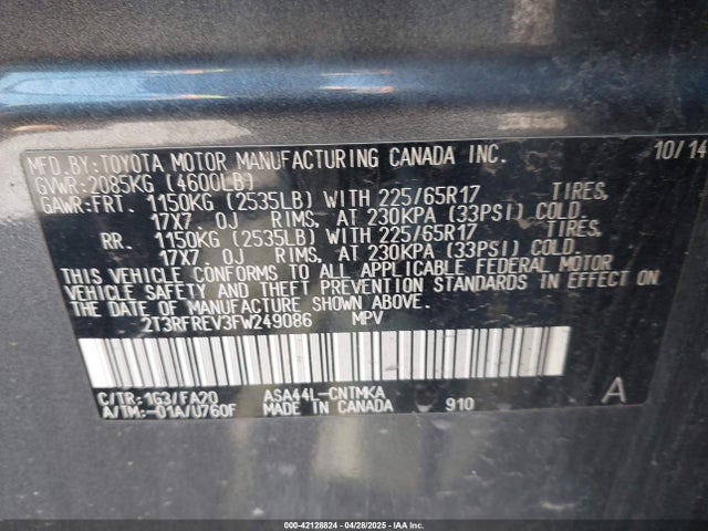 2T3RFREV3FW249086 Toyota Rav4 Xle