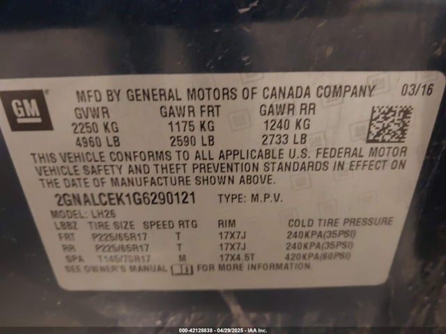 2GNALCEK1G6290121 Chevrolet EQUINOX LT