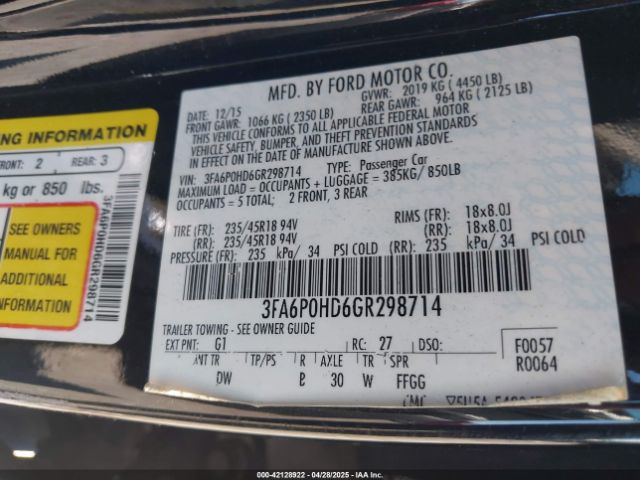 3FA6P0HD6GR298714 Ford FUSION SE