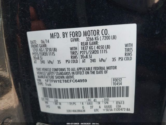 1FTFW1ET8EFC64959 Ford F-150 Platinum