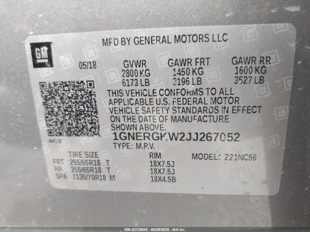 1GNERGKW2JJ267052 Chevrolet Traverse 1lt