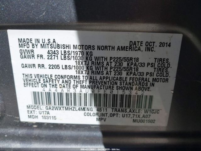4A4AR3AU0FE015342 Mitsubishi Outlander Sport Es
