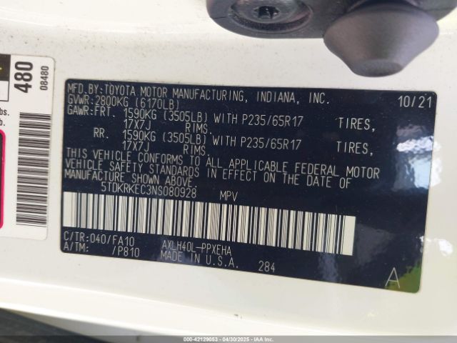 5TDKRKEC3NS080928 Toyota SIENNA LE