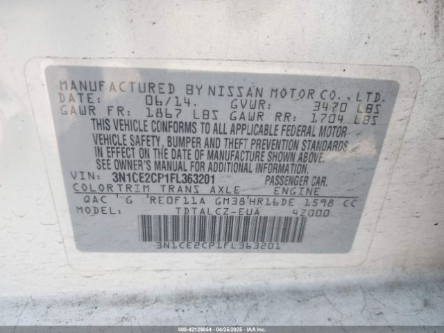 3N1CE2CP1FL363201 Nissan Versa Note S (sr)/s Plus/sl/sr/sv