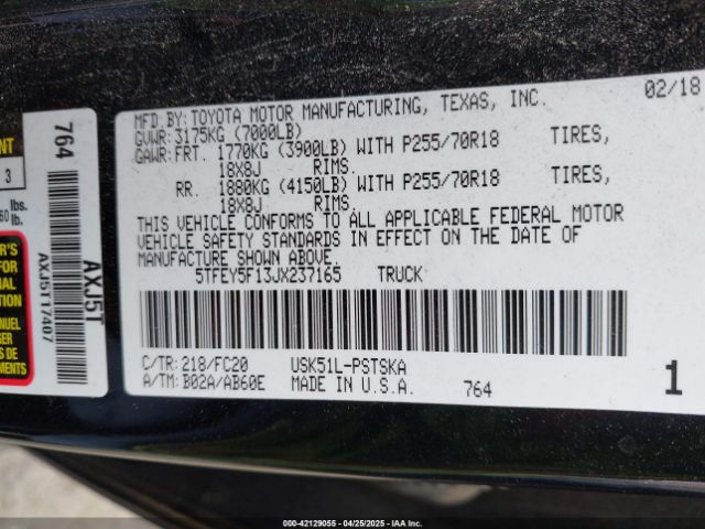 5TFEY5F13JX237165 Toyota Tundra Sr5 5.7l V8