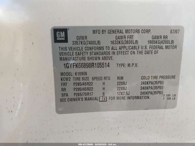 2008 CADILLAC ESCALADE ESV 1GYFK66898R105514 Photo 8