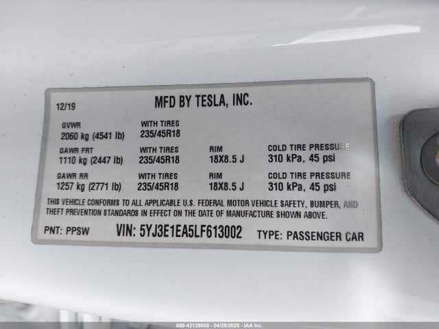 5YJ3E1EA5LF613002 Tesla Model 3 Standard Range Plus Rear-wheel Drive/standard Range Rear-wheel Drive