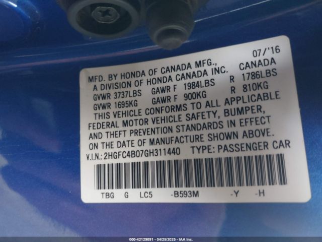 2HGFC4B07GH311440 Honda Civic Lx-p