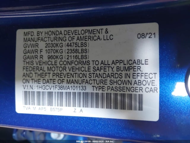 1HGCV1F38MA101133 Honda Accord Sport