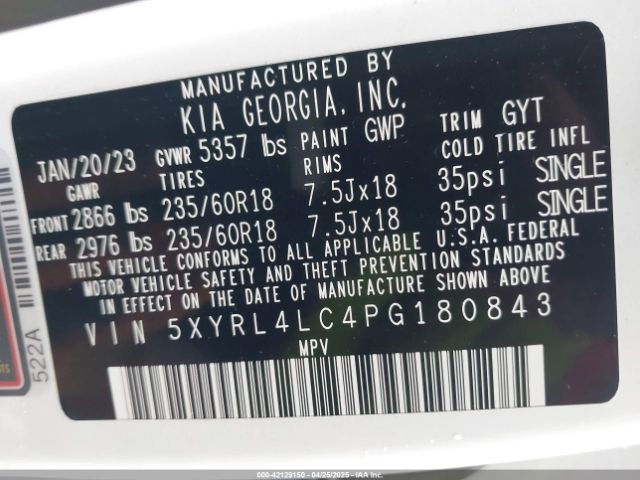 5XYRL4LC4PG180843 KIA SORENTO S