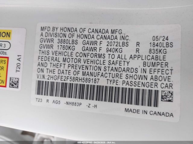 2HGFE2F58RH589187 Honda Civic Sport