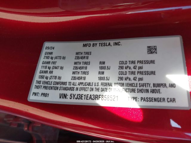 5YJ3E1EA3RF858521 Tesla Model 3 Long Range Dual Motor All-wheel Drive/rear-wheel Drive