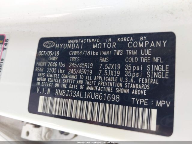 KM8J33AL1KU861698 Hyundai Tucson Sport