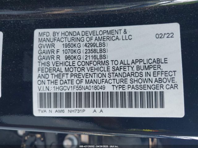 1HGCV1F55NA018049 Honda Accord Ex-l