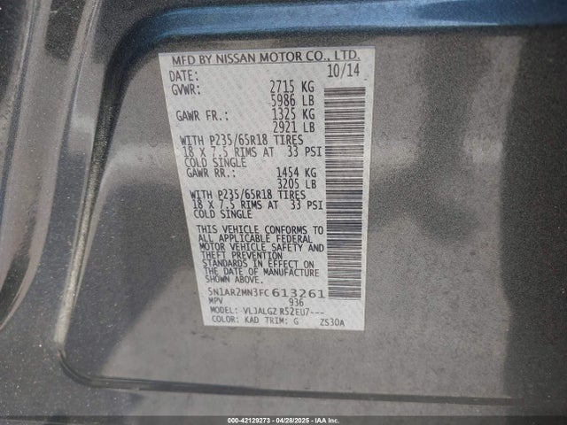 Nissan Pathfinder Sl 2015 5N1AR2MN3FC613261 Image 9