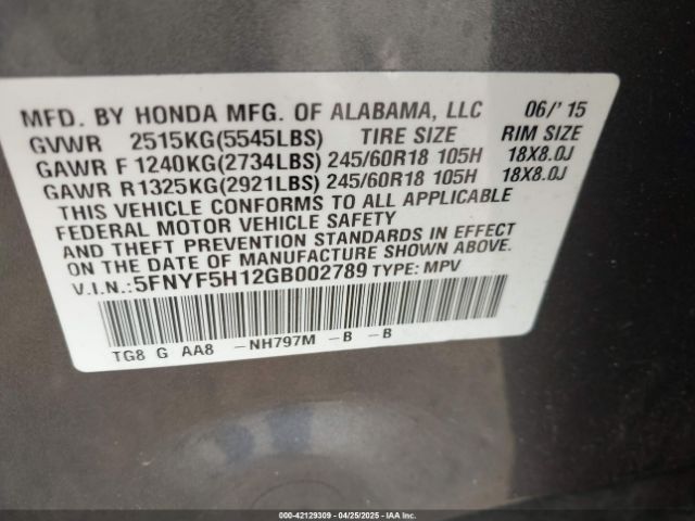 5FNYF5H12GB002789 Honda PILOT LX