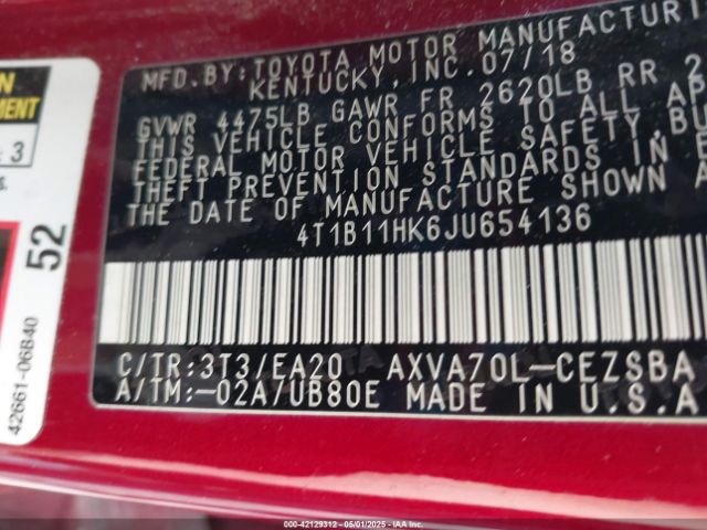 4T1B11HK6JU654136 Toyota CAMRY SE