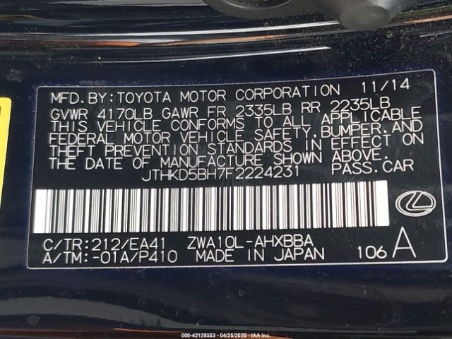 JTHKD5BH7F2224231 Lexus CT 200H