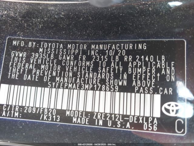 5YFEPMAE3MP178659 Toyota COROLLA LE