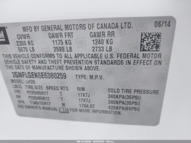 2GNFLGEK6E6380259 Chevrolet Equinox 2lt