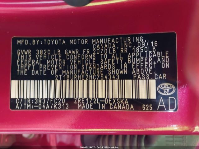 2T1BURHE2HC754343 Toyota COROLLA SE