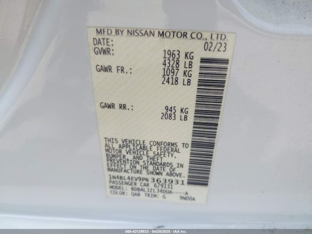 1N4BL4EV9PN363931 Nissan Altima Sl Fwd