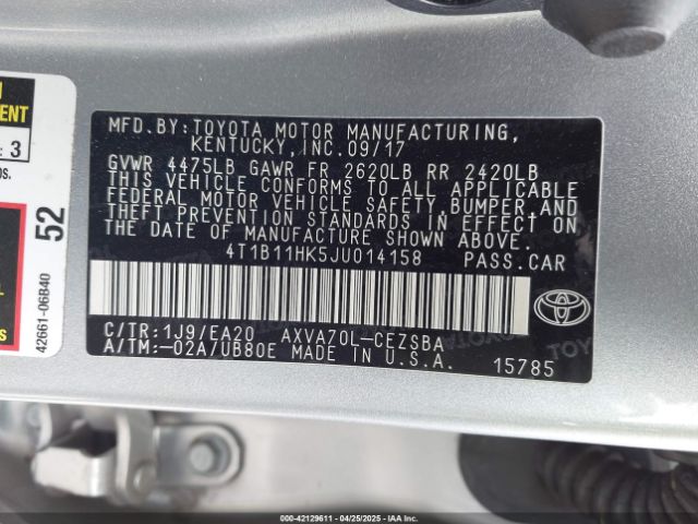 4T1B11HK5JU014158 Toyota CAMRY SE