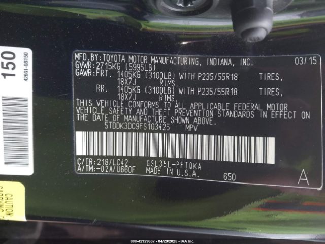 5TDDK3DC9FS103425 Toyota Sienna Xle 7 Passenger