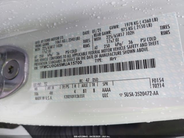 1FMCU0G65MUA15700 Ford ESCAPE SE