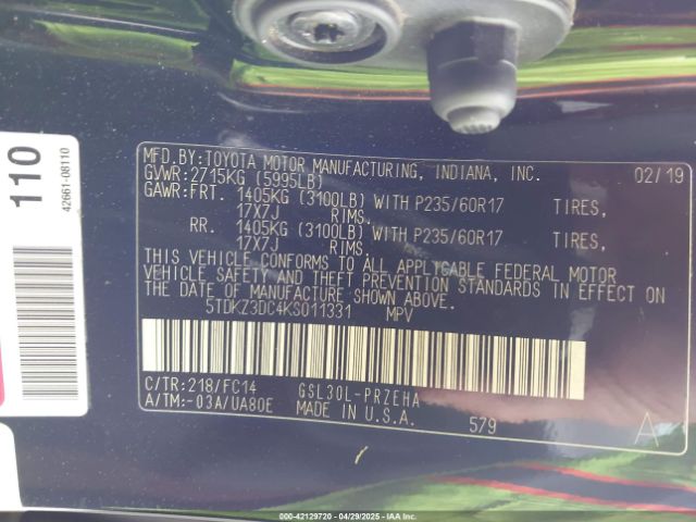 5TDKZ3DC4KS011331 Toyota Sienna Le 8 Passenger